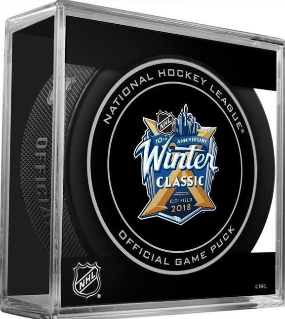 2018 Winter Classic CITI FIELD Buffalo Sabres vs. New York Rangers NHL Team Sher-Wood Official Ice Hockey Game Puck IN CUBE