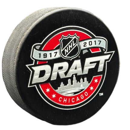 2017 Draft 1917-2017 NHL Souvenir Model Hockey Puck Hosted by Chicago Blackhawks