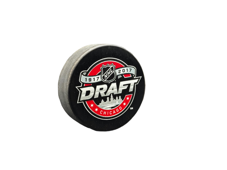 2017 Draft 1917-2017 NHL Souvenir Model Hockey Puck Hosted by Chicago Blackhawks