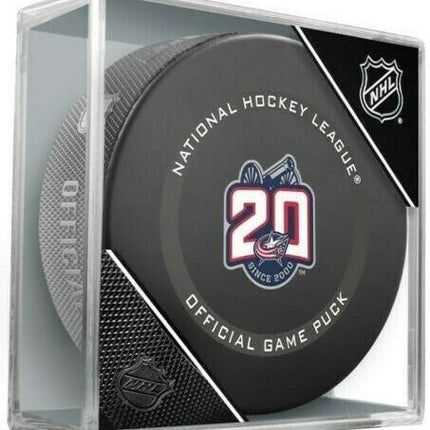 Columbus Blue Jackets 20TH ANNIVERSARY NHL Ice Hockey Team Sher-Wood Official Game Puck IN CUBE