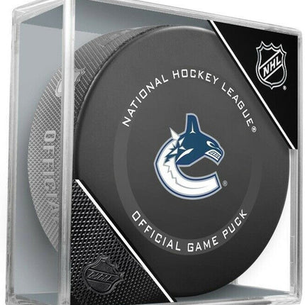 Vancouver Canucks NHL Ice Hockey Team Sher-Wood Official Game Puck IN CUBE 2021-2022