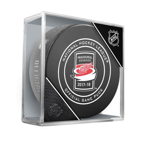 Detroit Red Wings Inaugural Season 2017-18 NHL Ice Hockey Team Sher-Wood Official Game Puck IN CUBE