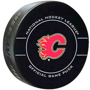 Calgary Flames 2010-2012 Throwback NHL Team Sher-Wood Official Ice Hockey Game Puck IN CARDBOARD HOLDER