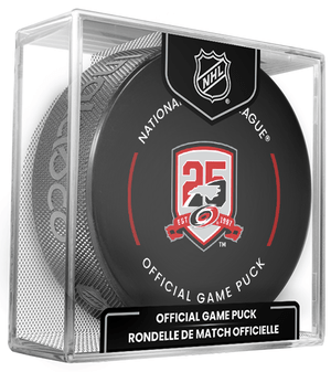 Carolina Hurricanes 25th Anniversary NHL Ice Hockey Team Sher-Wood Official Game Puck IN CUBE