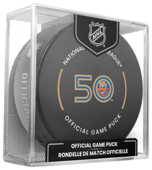 New York Islanders 50th Anniversary NHL Ice Hockey Team Sher-Wood Official Game Puck IN CUBE